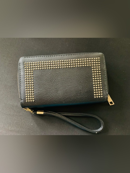 Handbags - Black Studded Wristlet Clutch with Gold Accent